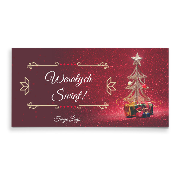 Kartki świąteczne dla firm z choinką i prezentami na brokatowym tle